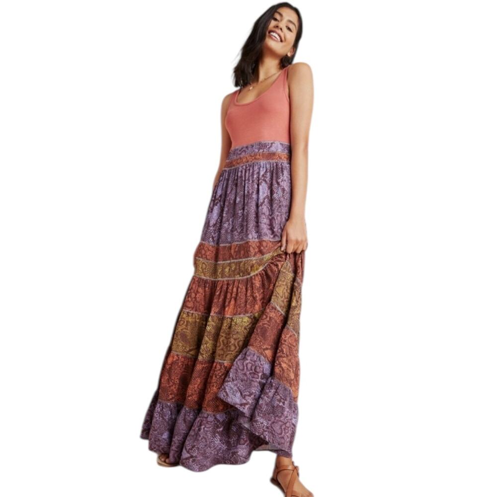 Anthropologie Colima Snake Print Tiered Boho Sleeveless Multicolor Maxi Dress 1X